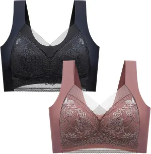 Womens Seamless Lace Sports Bra Pull On Daily Bras Mesh Panel with Wide Straps Elegant Comfortable Wireless Bralettes