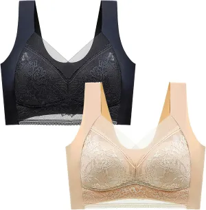 Womens Seamless Lace Sports Bra Pull On Daily Bras Mesh Panel with Wide Straps Elegant Comfortable Wireless Bralettes