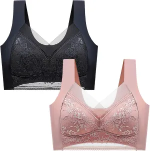 Womens Seamless Lace Sports Bra Pull On Daily Bras Mesh Panel with Wide Straps Elegant Comfortable Wireless Bralettes