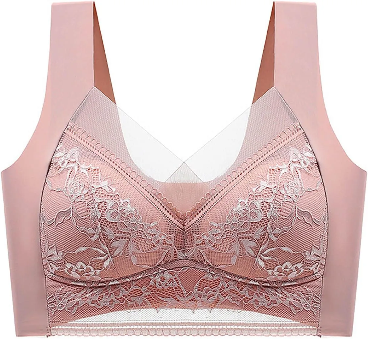 Womens Seamless Lace Sports Bra Pull On Daily Bras Mesh Panel with Wide Straps Elegant Comfortable Wireless Bralettes