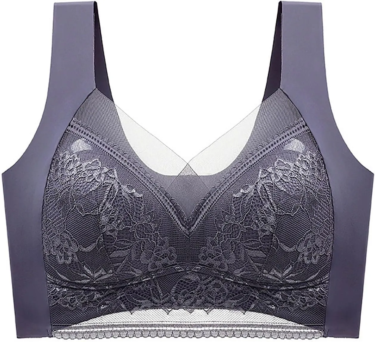 Womens Seamless Lace Sports Bra Pull On Daily Bras Mesh Panel with Wide Straps Elegant Comfortable Wireless Bralettes