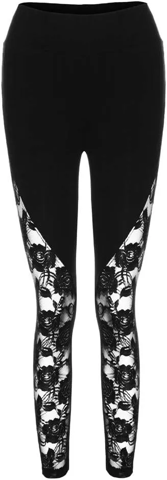 Womens Sexy Lace Leggings High Waist Mesh Panel Side Skinny Workout Yoga Pants Sports Casual Pants