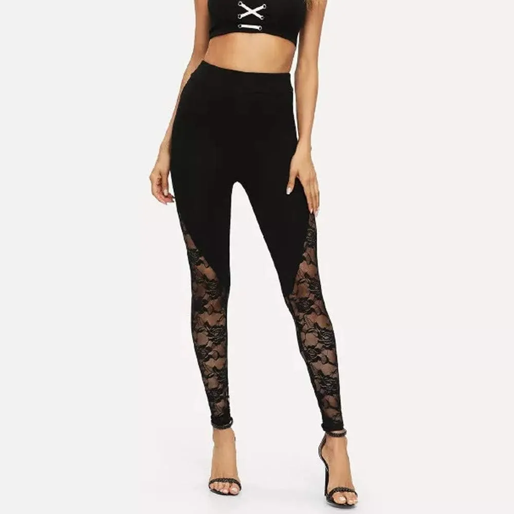 Womens Sexy Lace Leggings High Waist Mesh Panel Side Skinny Workout Yoga Pants Sports Casual Pants