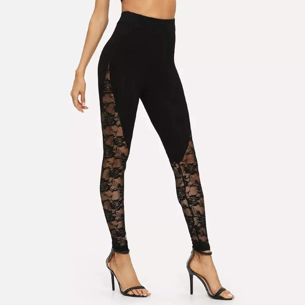 Womens Sexy Lace Leggings High Waist Mesh Panel Side Skinny Workout Yoga Pants Sports Casual Pants