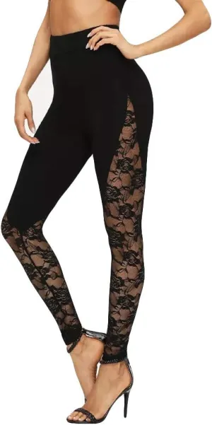 Womens Sexy Lace Leggings High Waist Mesh Panel Side Skinny Workout Yoga Pants Sports Casual Pants