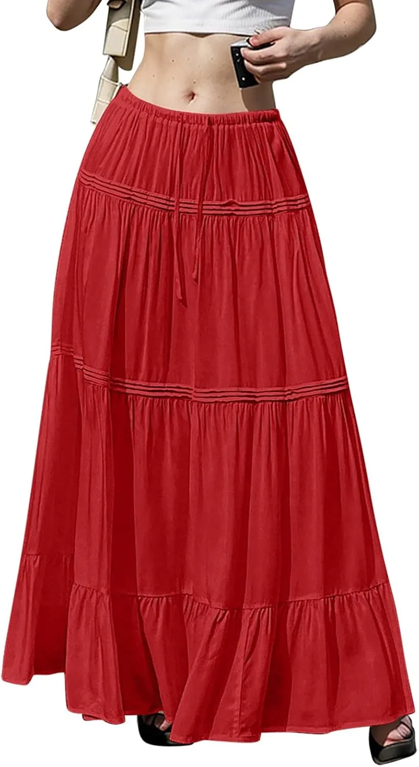 Womens Skirts Summer Pleated Festival Trendy Business Solid Beach Elastic Waist Peasant Smocked Long Flowy Skirts for Women