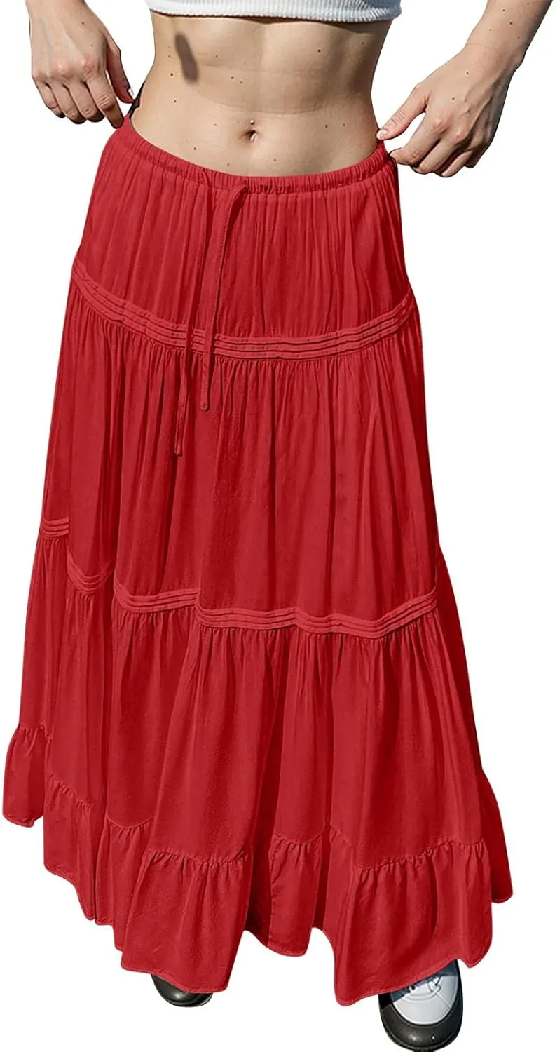 Womens Skirts Summer Pleated Festival Trendy Business Solid Beach Elastic Waist Peasant Smocked Long Flowy Skirts for Women