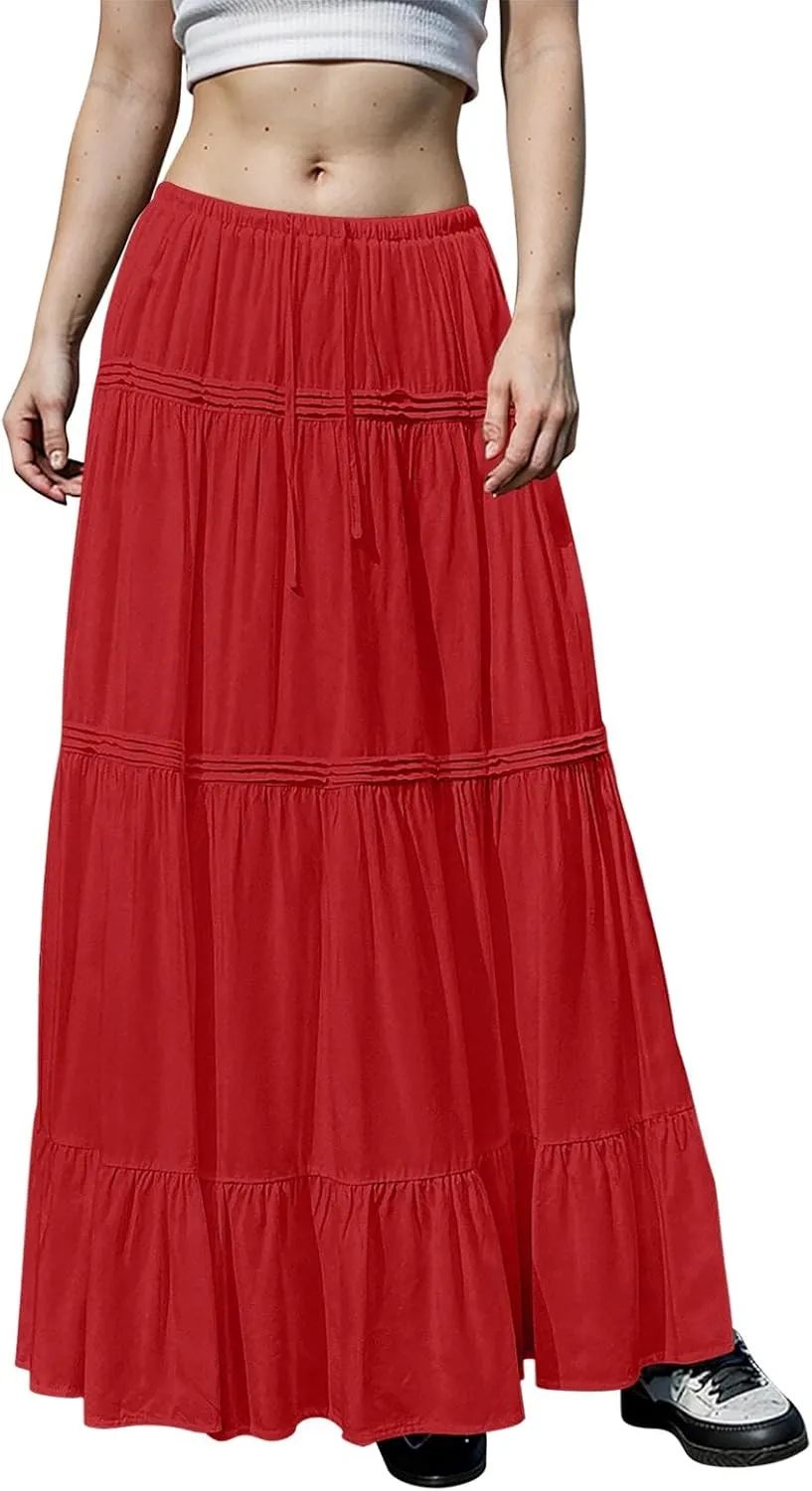 Womens Skirts Summer Pleated Festival Trendy Business Solid Beach Elastic Waist Peasant Smocked Long Flowy Skirts for Women