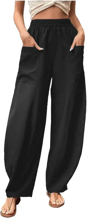 Women's Trendy Casual Pants Loose Fit Wide Leg with Pockets Trousers Lightweight Elastic Waist Business Working Chinos
