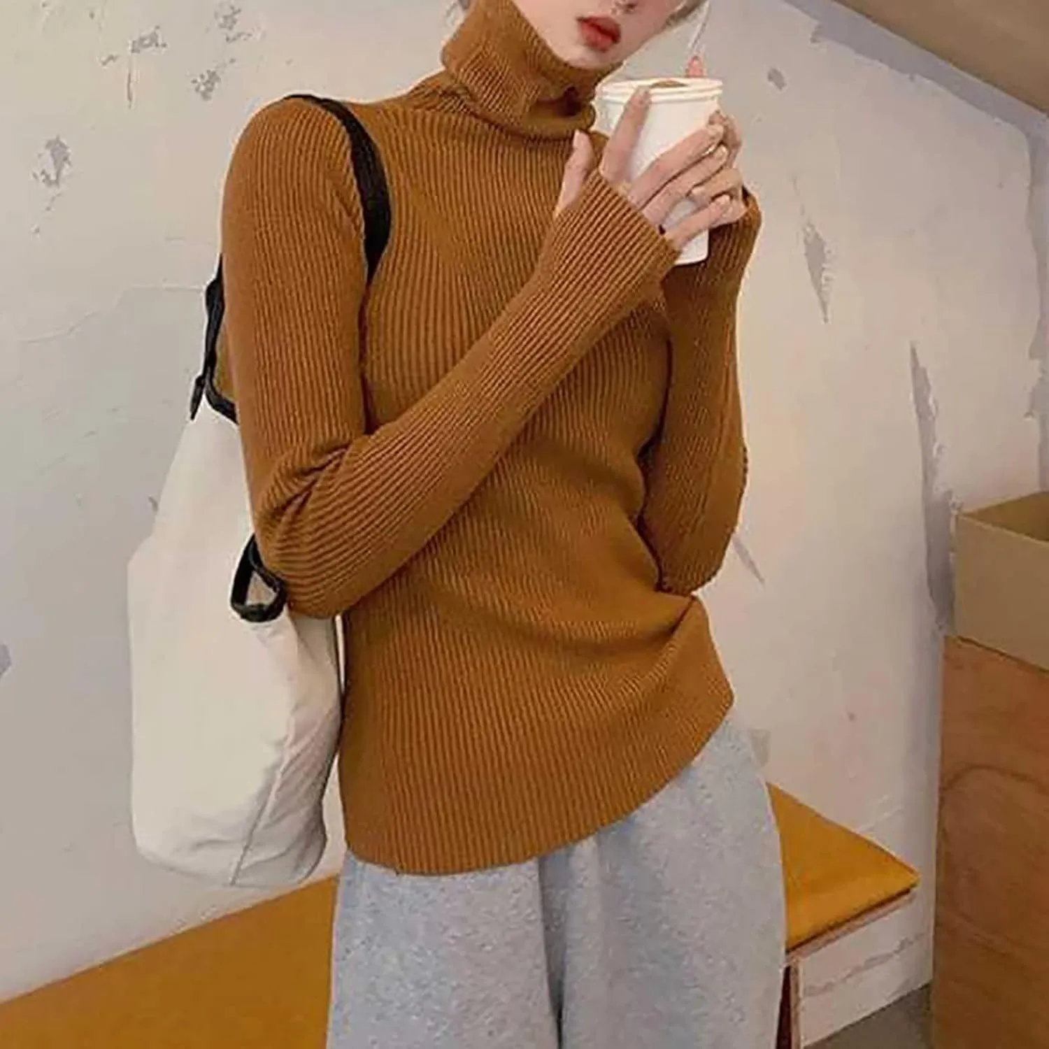 Womens Turtleneck Oversized Sweaters Wool Knit Bottom Female Long Sleeve Thick Loose Pullover Sweaters for Women