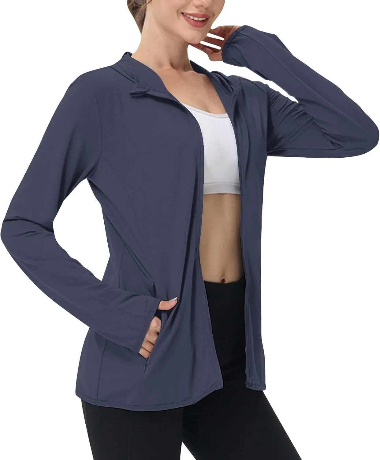Womens UPF 50  Sun Protection Hoodie Jacket Lightweight Athletic Jacket with Zip Pockets Full Zip Long Sleeve Shirts