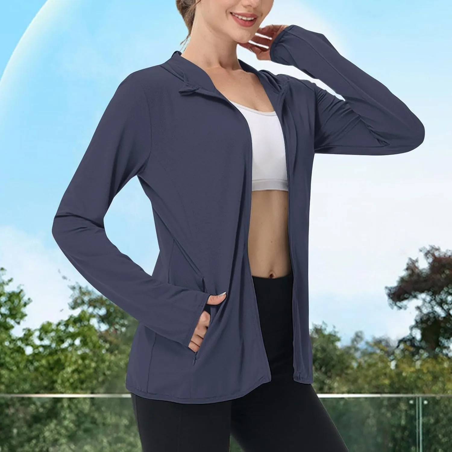 Womens UPF 50  Sun Protection Hoodie Jacket Lightweight Athletic Jacket with Zip Pockets Full Zip Long Sleeve Shirts