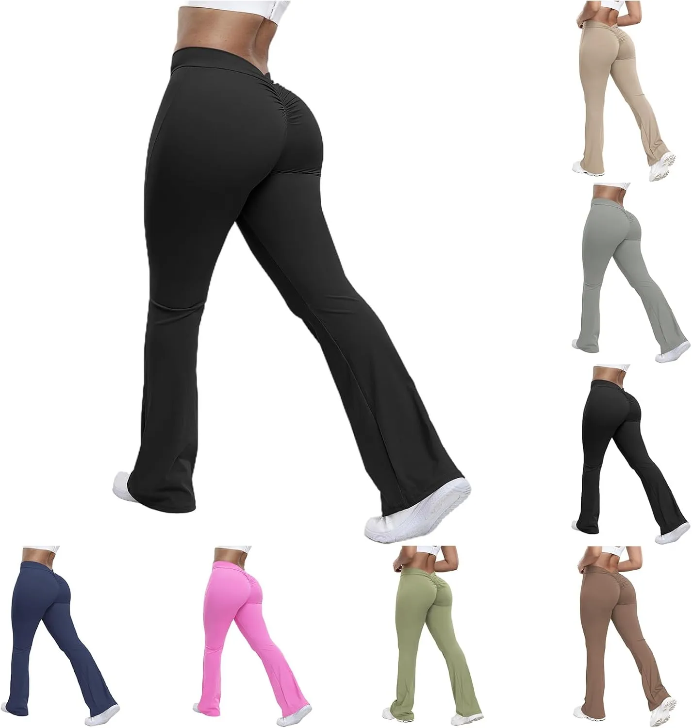 Womens V-Back Scrunch Butt Flare Leggings Bootcut Workout Wide Leg High Waist Pants Tummy Control Joggers