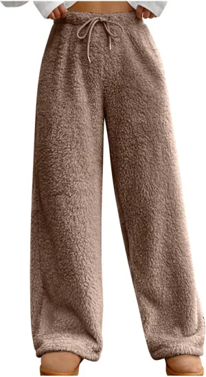 Womens Winter Thick Plush Cozy Lounge Pants Warm Soft Sherpa Fleece Pajama Bottoms Drawstring Wide Leg Fuzzy Trousers