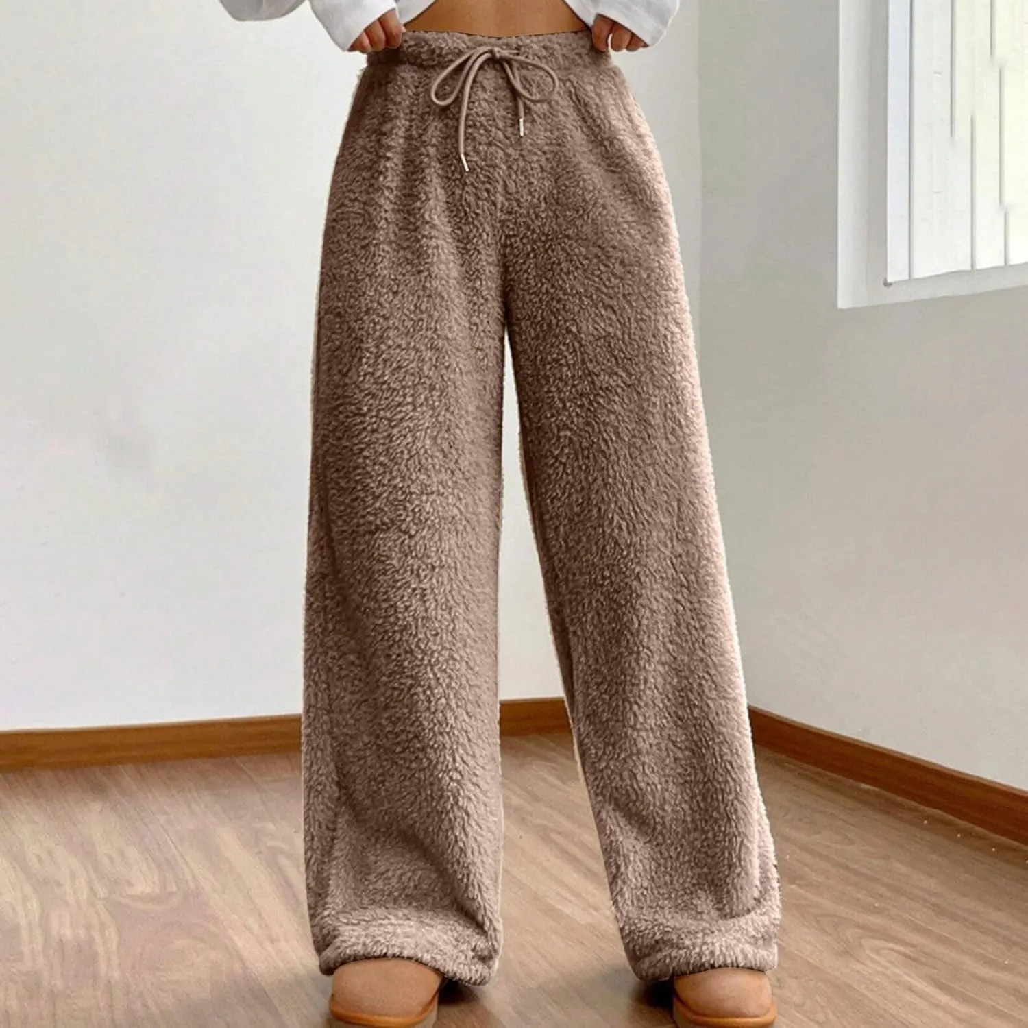 Womens Winter Thick Plush Cozy Lounge Pants Warm Soft Sherpa Fleece Pajama Bottoms Drawstring Wide Leg Fuzzy Trousers