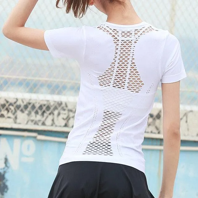 Workout T-Shirts, Gym Running Vest Tank Tops, Hollow Out Breathable Fitness Sport T-Shirts for Women