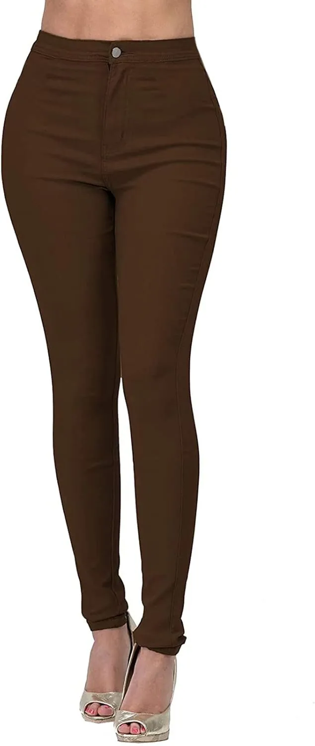 XUETON Stretchy Jeggings with Pockets for Women High Wasited Pull-On Stretchy Slim Fit Skinny Jeans Pencil Denim Pants Tights(Brown,X-Large)