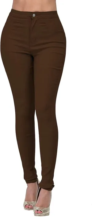 XUETON Stretchy Jeggings with Pockets for Women High Wasited Pull-On Stretchy Slim Fit Skinny Jeans Pencil Denim Pants Tights(Brown,X-Large)