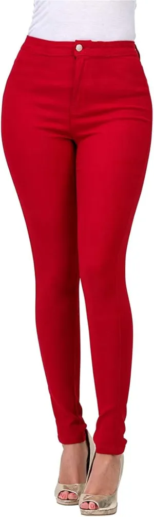 XUETON Stretchy Jeggings with Pockets for Women High Wasited Pull-On Stretchy Slim Fit Skinny Jeans Pencil Denim Pants Tights(Red,Medium)