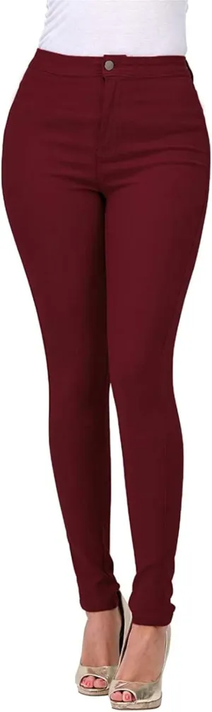 XUETON Stretchy Jeggings with Pockets for Women High Wasited Pull-On Stretchy Slim Fit Skinny Jeans Pencil Denim Pants Tights(Wine,X-Large)