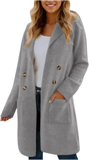 XUNRYAN Trench Coat for Women Winter Fall Fashion Long Jackets Notch Lapel Faux-Wool-Blend Double Breasted Peacoat Outerwear