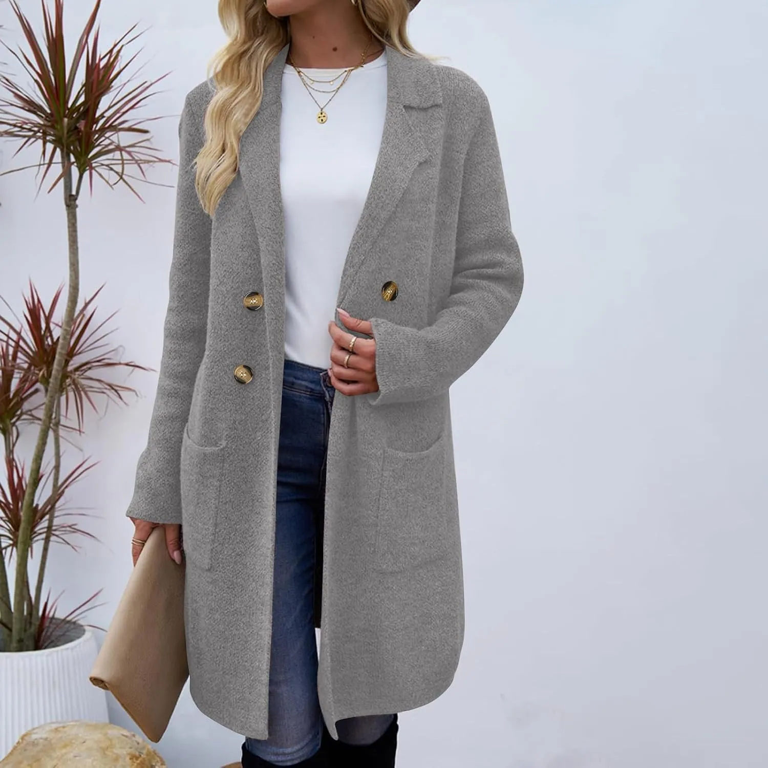 XUNRYAN Trench Coat for Women Winter Fall Fashion Long Jackets Notch Lapel Faux-Wool-Blend Double Breasted Peacoat Outerwear