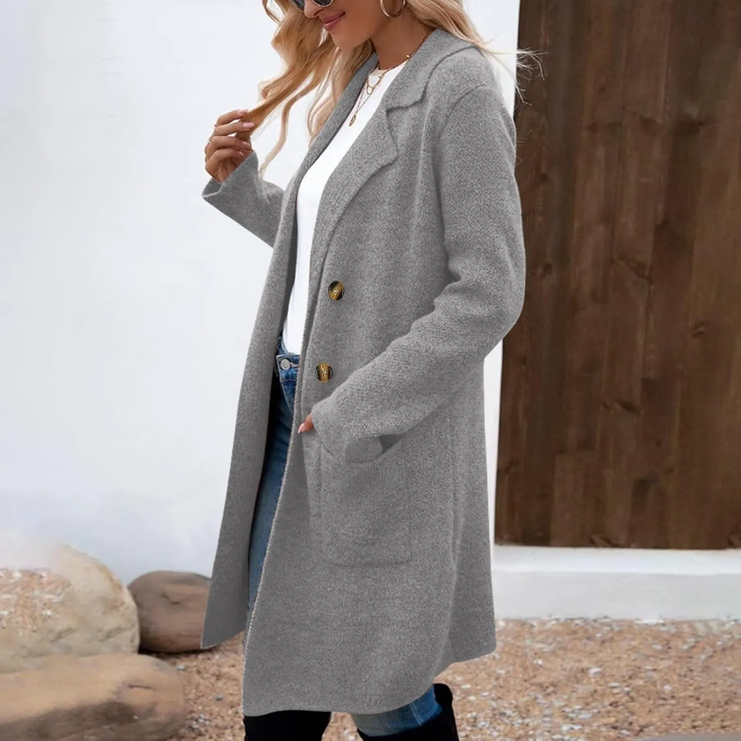 XUNRYAN Trench Coat for Women Winter Fall Fashion Long Jackets Notch Lapel Faux-Wool-Blend Double Breasted Peacoat Outerwear