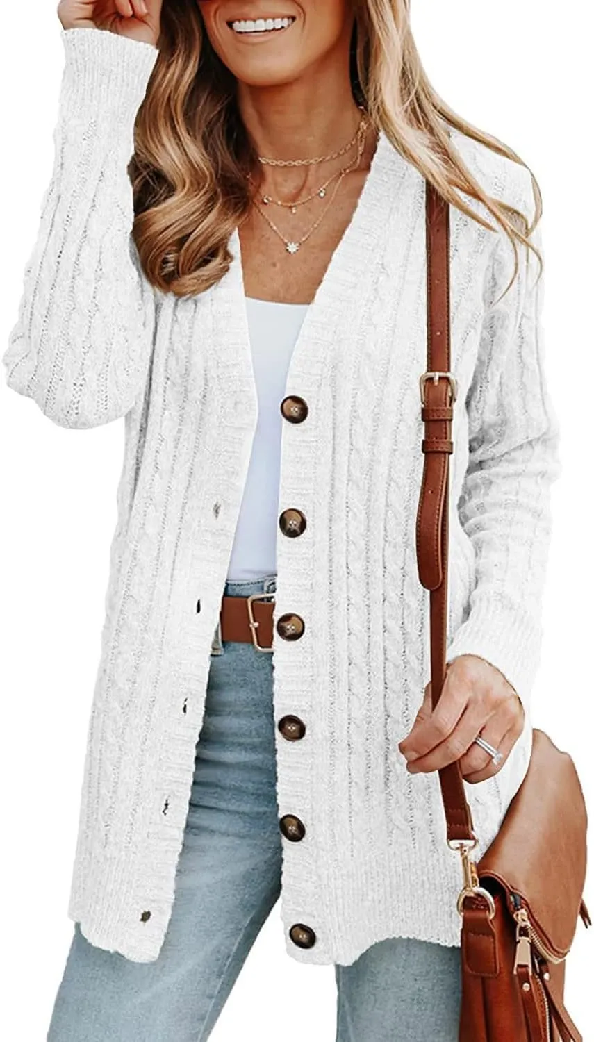 XUNRYAN Women's Sweaters Cardigan Dressy V-Neck Chunky Knit Sweater Casual Button Long Sleeve Jackets Winter Coat Outwear