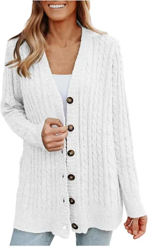 XUNRYAN Women's Sweaters Cardigan Dressy V-Neck Chunky Knit Sweater Casual Button Long Sleeve Jackets Winter Coat Outwear