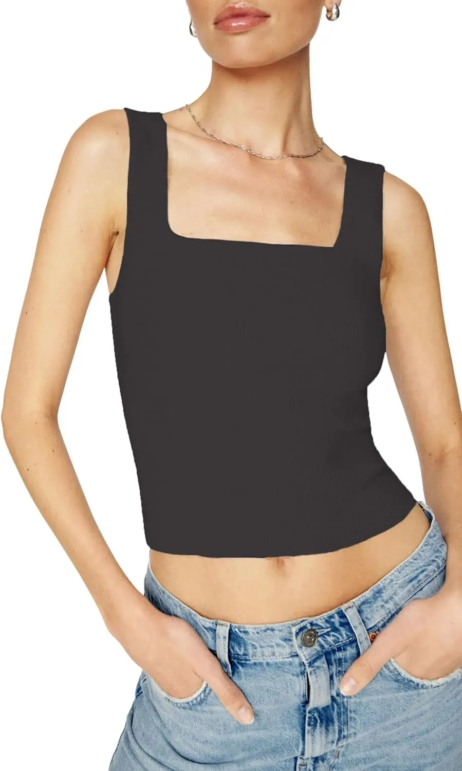 Zeagoo Womens 2024 Summer Tank Top Square Neck Ribbed Knit Crop Top Sleeveless Camisoles Slim Fitted Basic Sweater Shirt