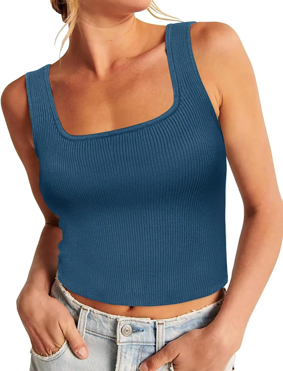 Zeagoo Womens 2024 Summer Tank Top Square Neck Ribbed Knit Crop Top Sleeveless Camisoles Slim Fitted Basic Sweater Shirt