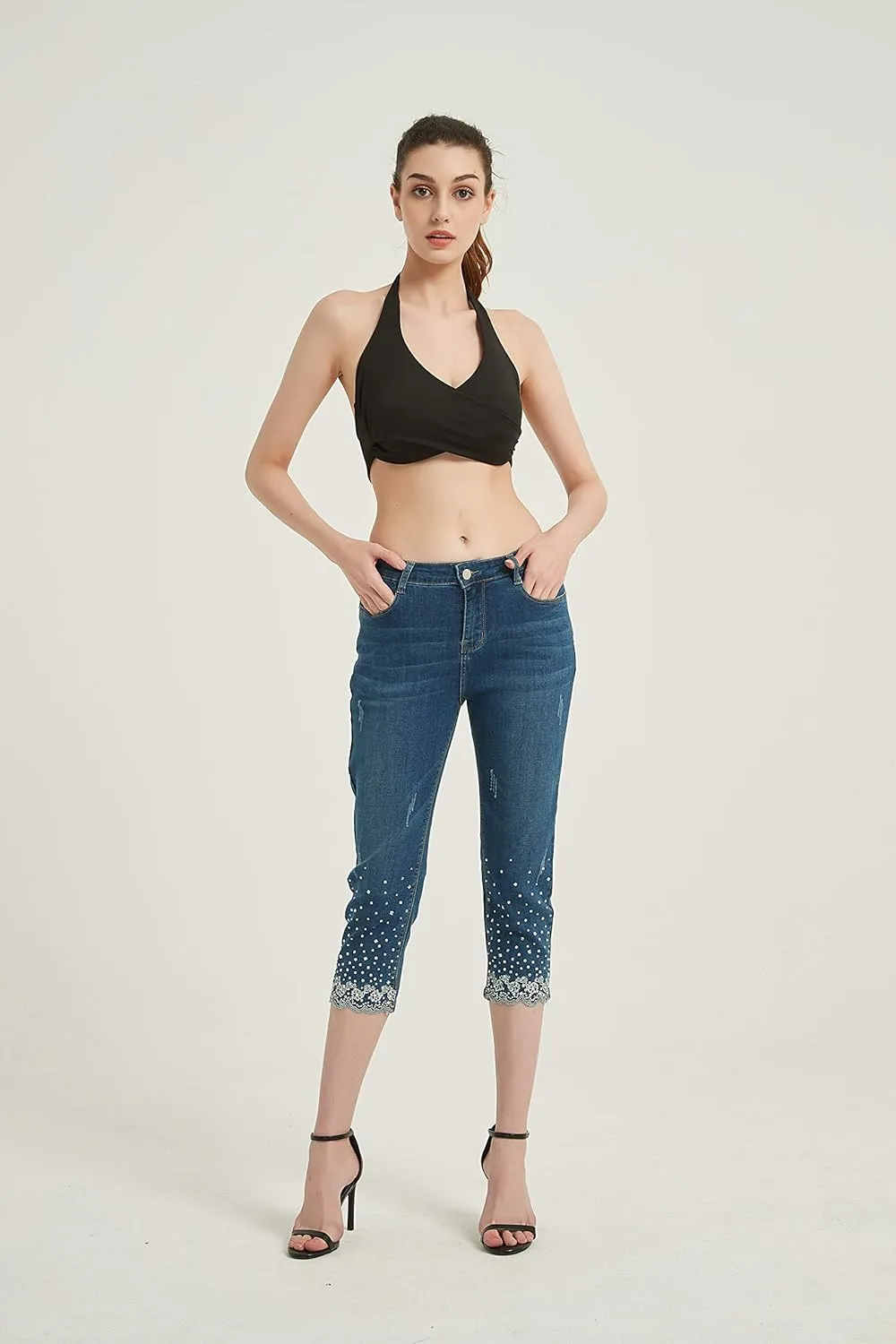 ZENTHACE Women's Mid Rise Stretchy Capri Jeans