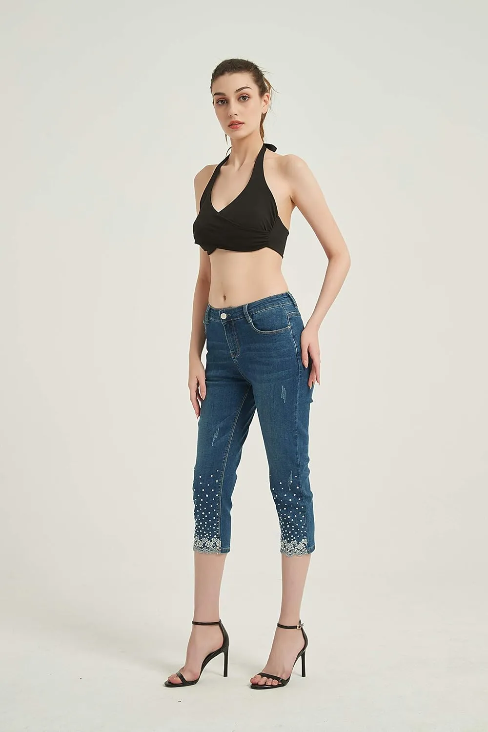 ZENTHACE Women's Mid Rise Stretchy Capri Jeans