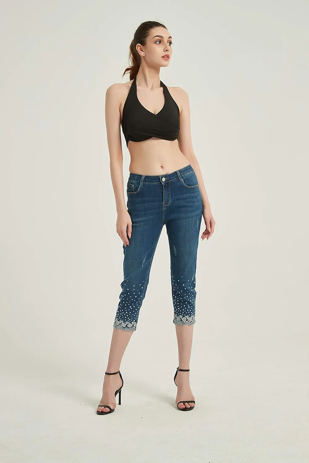 ZENTHACE Women's Mid Rise Stretchy Capri Jeans