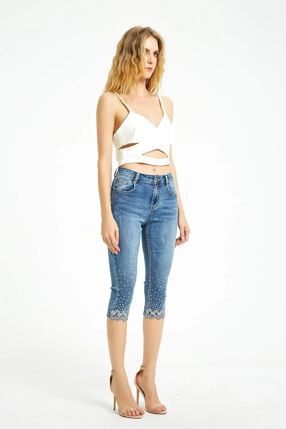 ZENTHACE Women's Mid Rise Stretchy Capri Jeans