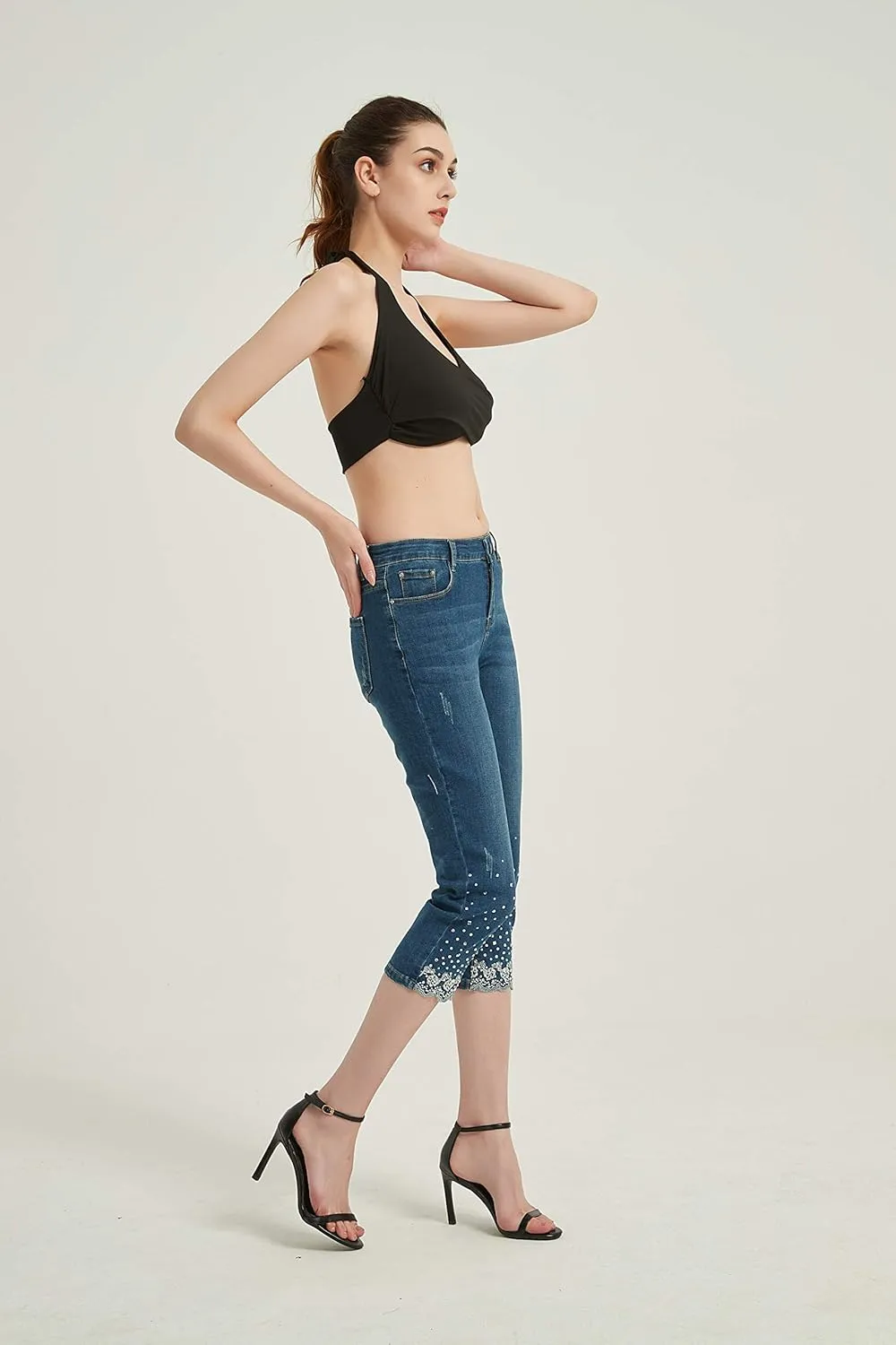 ZENTHACE Women's Mid Rise Stretchy Capri Jeans