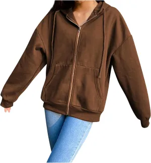Zip Up Hoodies for Women Long Sleeve Fall Oversized Sweatshirts Fleece Y2K Jacket with Pockets 2024 Fashion Clothes