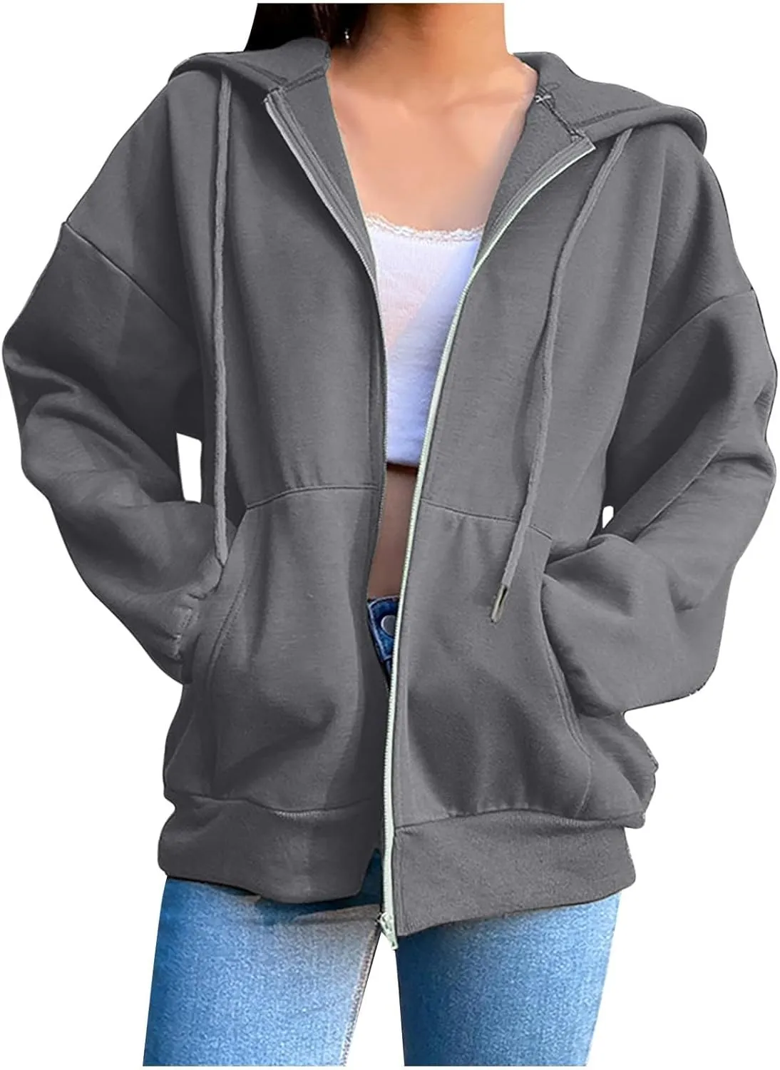 Zip Up Hoodies for Women Long Sleeve Fall Oversized Sweatshirts Fleece Y2K Jacket with Pockets 2024 Fashion Clothes