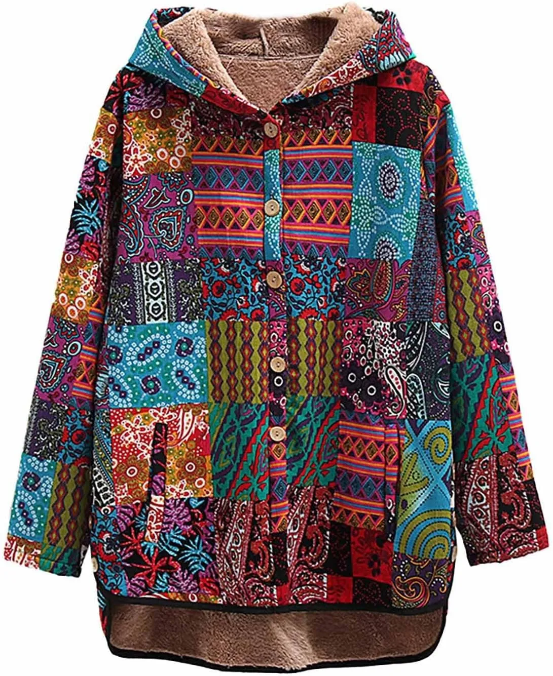 ZYXTIM Women Warm Coat Jacket Ethnic Boho Print Long Sleeves Flannel Lining Winter Overcoat Hooded Parka Outwear Christmas