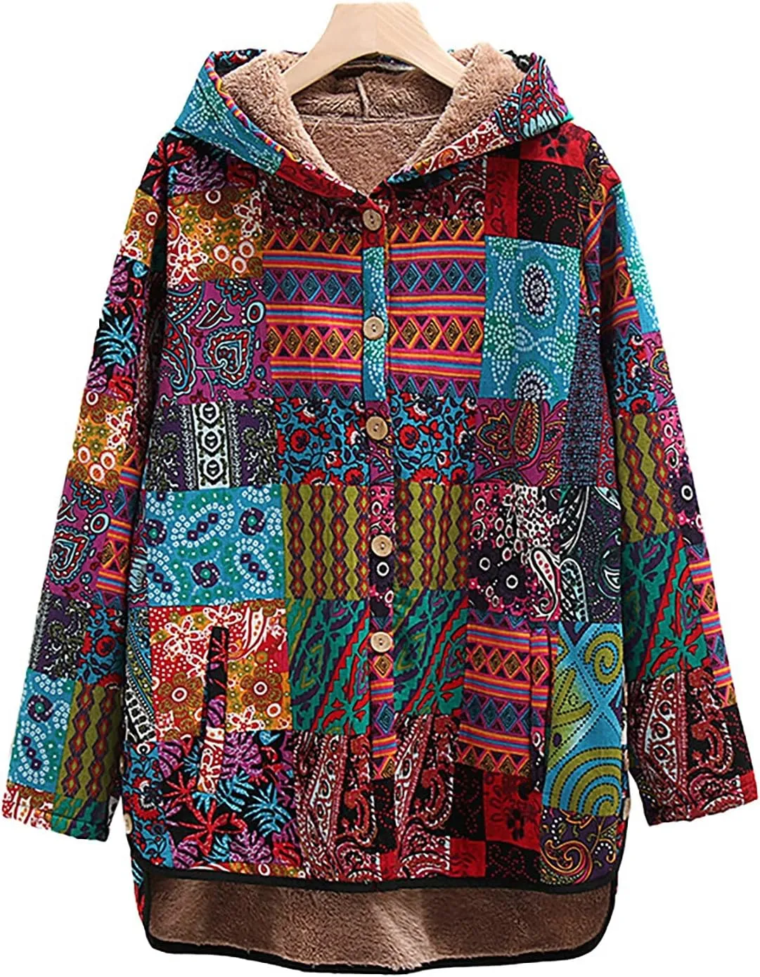 ZYXTIM Women Warm Coat Jacket Ethnic Boho Print Long Sleeves Flannel Lining Winter Overcoat Hooded Parka Outwear Christmas