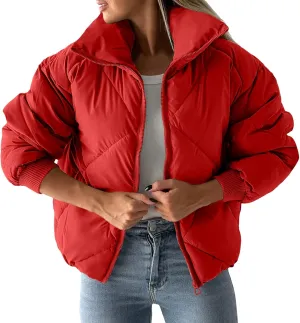ZYXTIM Women's Cropped Quilted Jacket Lightweight Long Sleeve Full Zip Thicken Warm Winter Puffer Jacket Short Down Coat