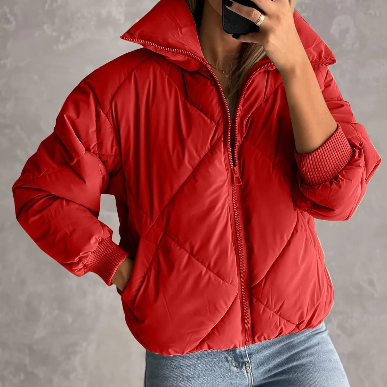 ZYXTIM Women's Cropped Quilted Jacket Lightweight Long Sleeve Full Zip Thicken Warm Winter Puffer Jacket Short Down Coat