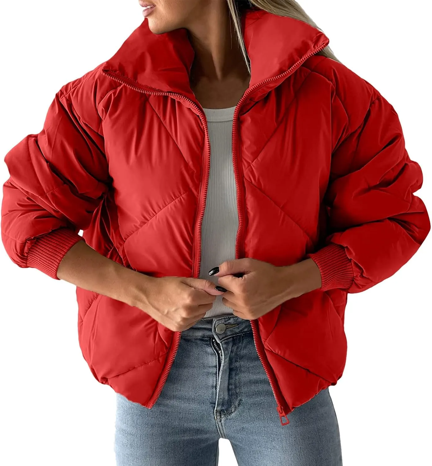 ZYXTIM Women's Cropped Quilted Jacket Lightweight Long Sleeve Full Zip Thicken Warm Winter Puffer Jacket Short Down Coat