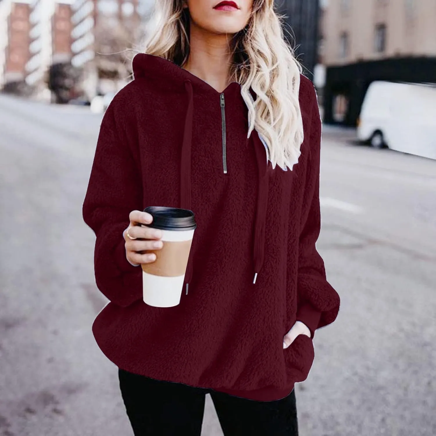 ZYXTIM Womens Cute French Terry Fleece Pullover Hoodie Half Zip Up Baggy Long Sleeve Warm Casual Fall Winter Stylish Tops