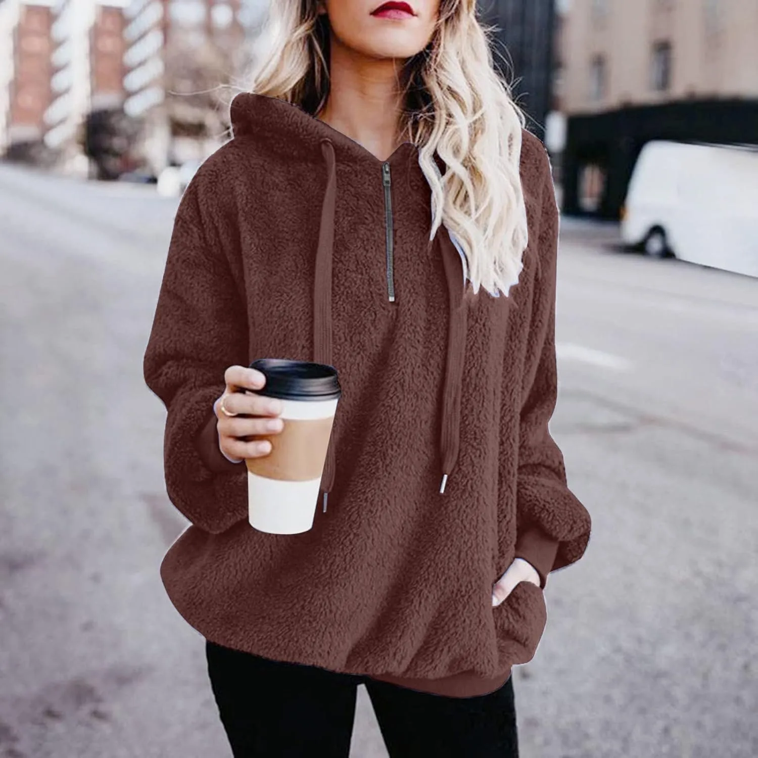 ZYXTIM Womens Cute French Terry Fleece Pullover Hoodie Half Zip Up Baggy Long Sleeve Warm Casual Fall Winter Stylish Tops