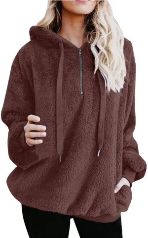 ZYXTIM Womens Cute French Terry Fleece Pullover Hoodie Half Zip Up Baggy Long Sleeve Warm Casual Fall Winter Stylish Tops